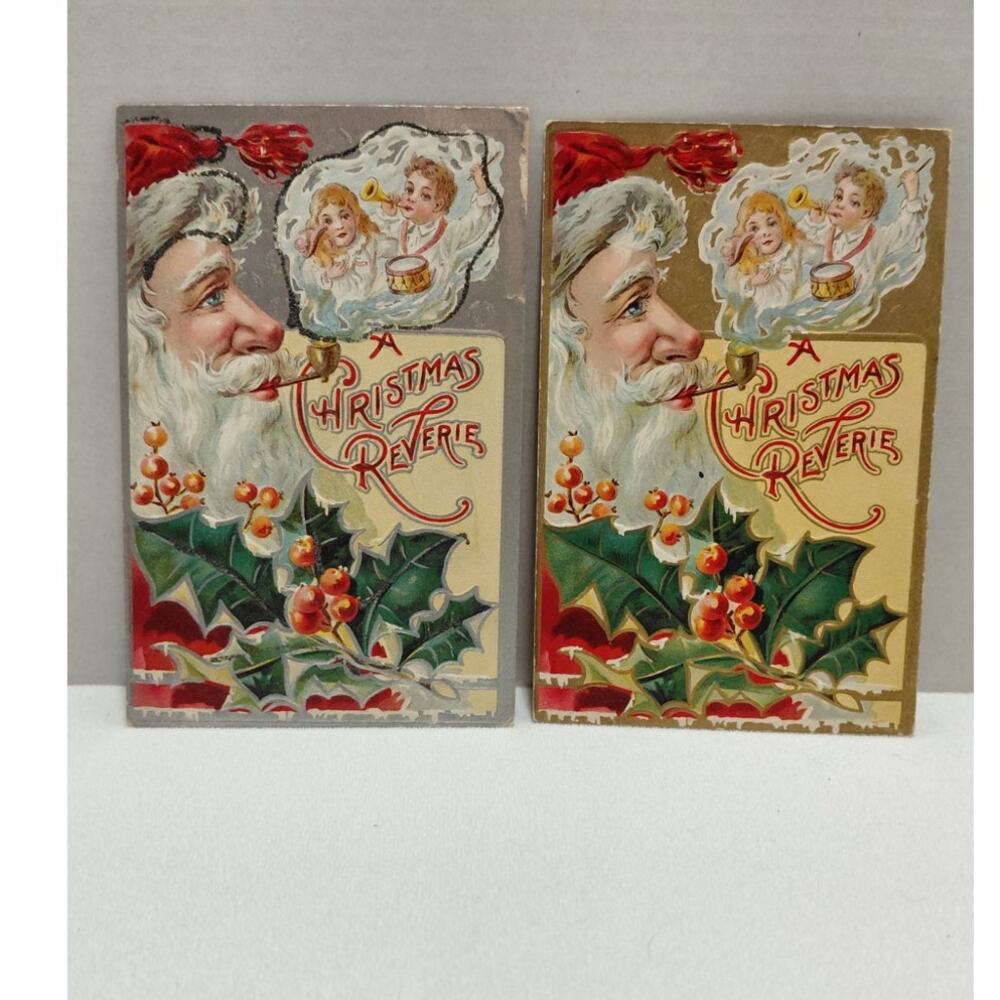 Two Antique Christmas Postcards Santa Claus Smoking a Pipe